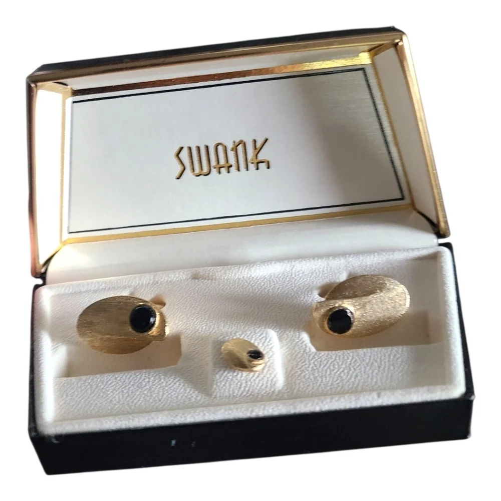 vintage Swank gold-tone cufflinks tie tack set with black onyx stones